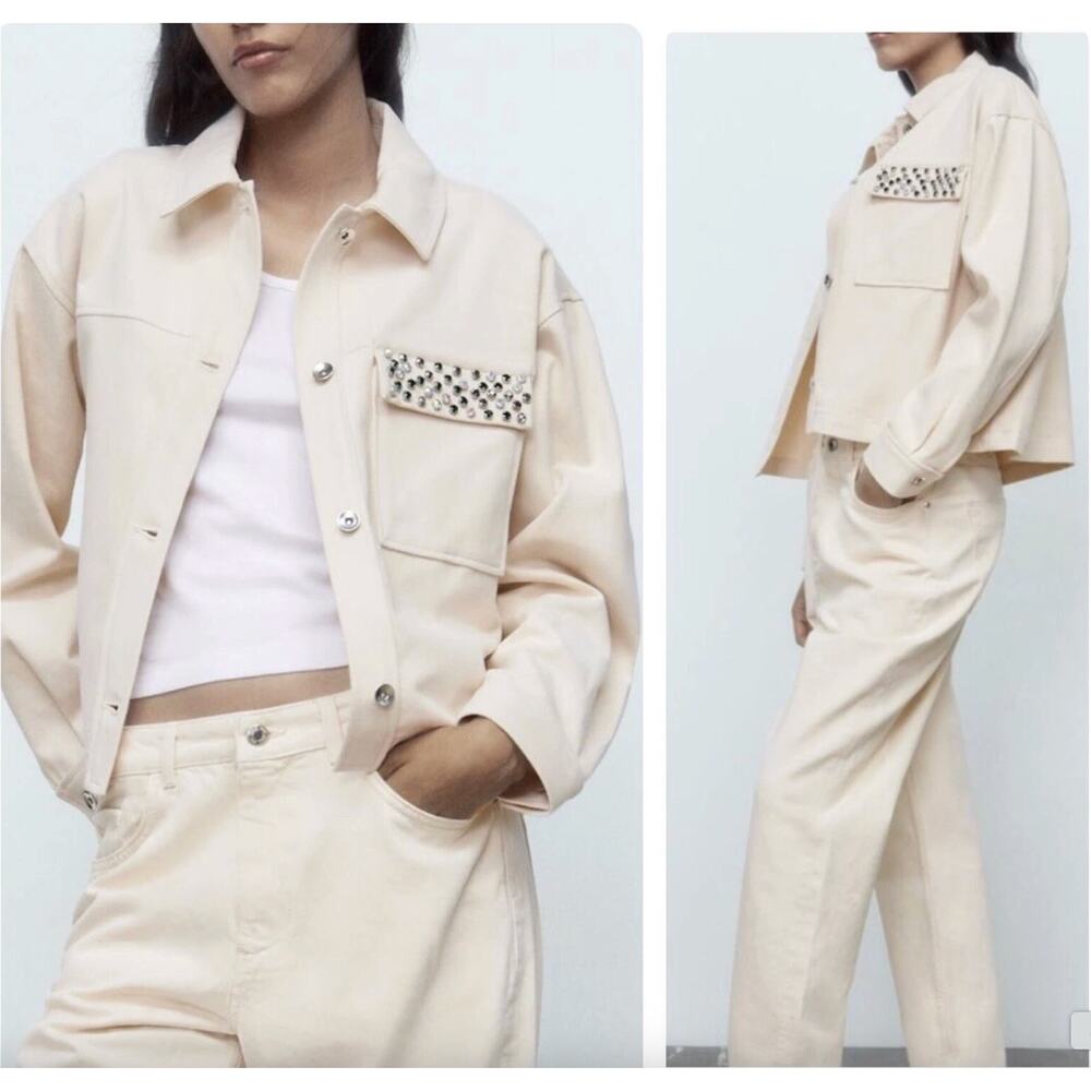 Zara Beaded Green Jewel Pocket 100% Cotton Jacket Size Women's Small Cream
